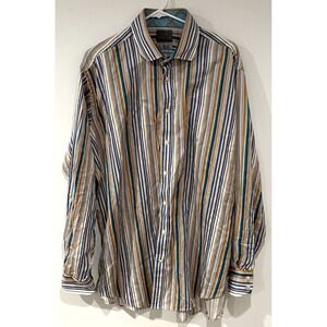Thomas Dean Shirt Mens XXL Orange & Blue  Striped Long Sleeve Button Up Cotton
